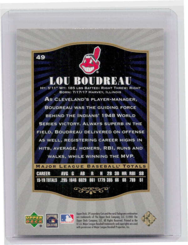 2001 SP Legendary Cuts Lou Boudreau #49 Indians - Image 3