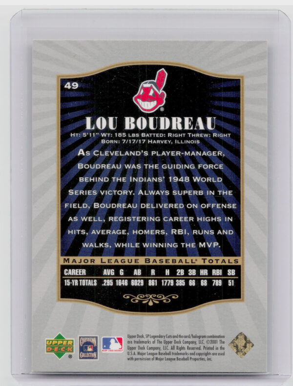 2001 SP Legendary Cuts Lou Boudreau #49 Indians - Image 3