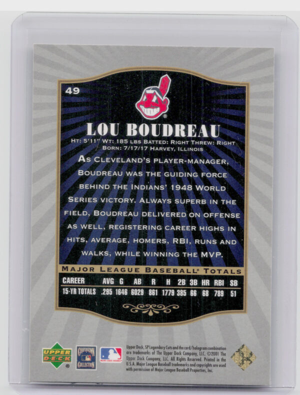 2001 SP Legendary Cuts Lou Boudreau #49 Indians - Image 3