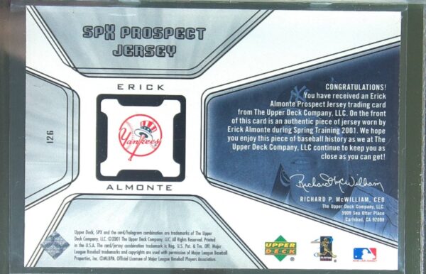 2001 SPx Erick Almonte RC JSY #126 Yankees - Image 3