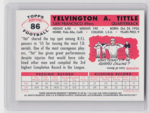 2001 Topps Archives Y.A. Tittle #81 49ers - Image 3