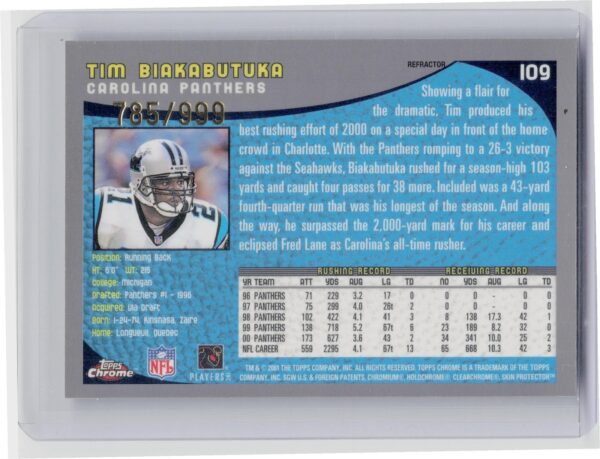 2001 Topps Tim Biakabutuka /999 #169 Panthers - Image 3