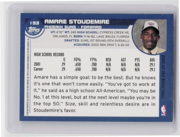 2002-03 Topps Amare Stoudemire RC #193 Suns - Image 3