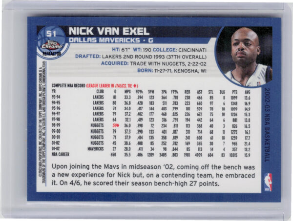 2002-03 Topps Chrome Nick Van Exel Refractors #51 Mavericks - Image 3