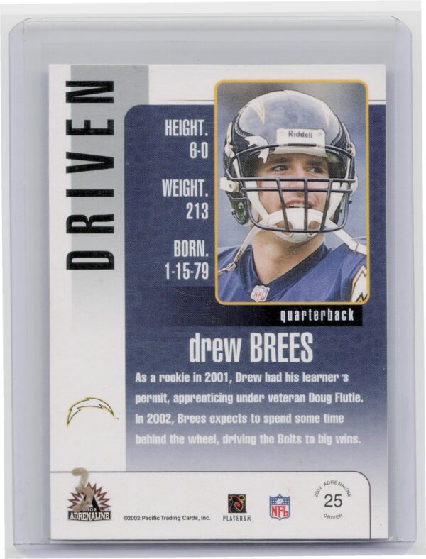 2002 Pacific Adrenaline Drew Brees Driven #25 Chargers - Image 3