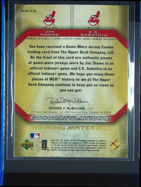 2002 SPx Jim Thome / CC Sabathia MEM #WM-TS Indians Winning Materials 2 Player J - Image 3