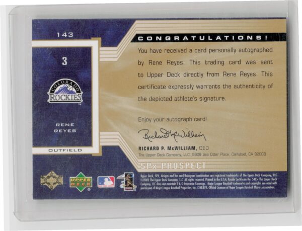 2002 SPx Rene Reyes AU RC #143 Rockies - Image 3