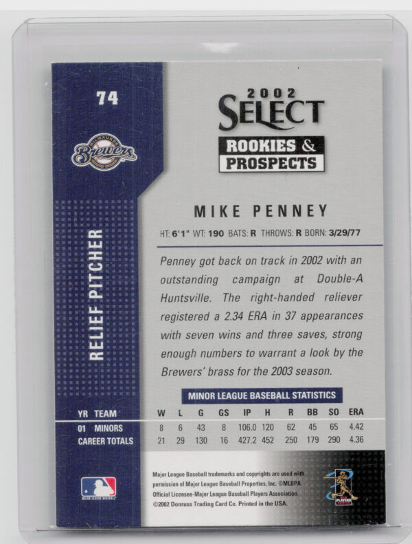 2002 Select Rookies & Prospects Mike Penney AU #74 Brewers - Image 3