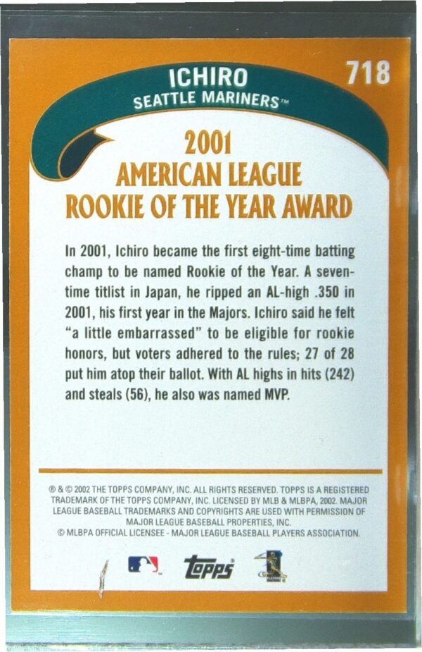 2002 Topps Ichiro #718 Mariners 2001 Rookie Of The Year Award Winner - Image 3