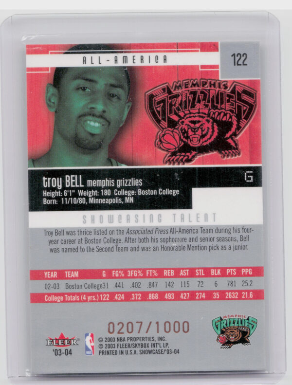 2003-04 Fleer Showcase Troy Bell RC SN1000 #122 Grizzlies - Image 3