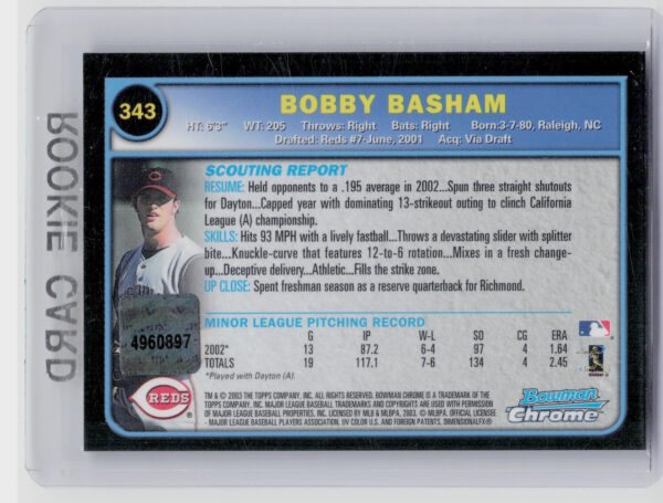 2003 Bowman Chrome Bobby Basham AU RC #343 Reds - Image 3