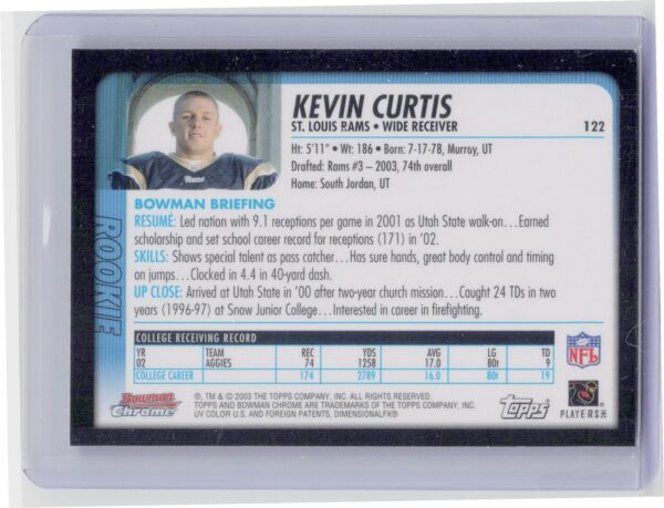 2003 Bowman Chrome Kevin Curtis RC #122 Rams - Image 3