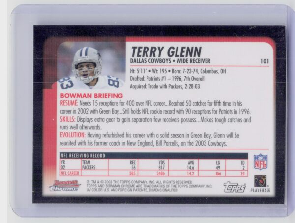 2003 Bowman Chrome Terry Glenn #101 Cowboys - Image 3