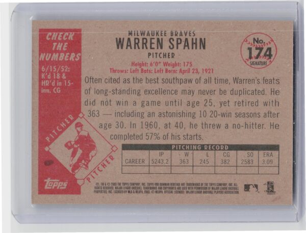 2003 Bowman Heritage Warren Spahn Facsimile Signature #174 Braves - Image 3