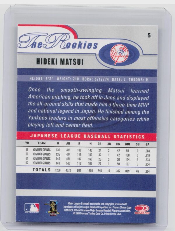 2003 Donruss/Leaf/Playoff Hideki Matsui RC #5 Yankees Traded - Image 3