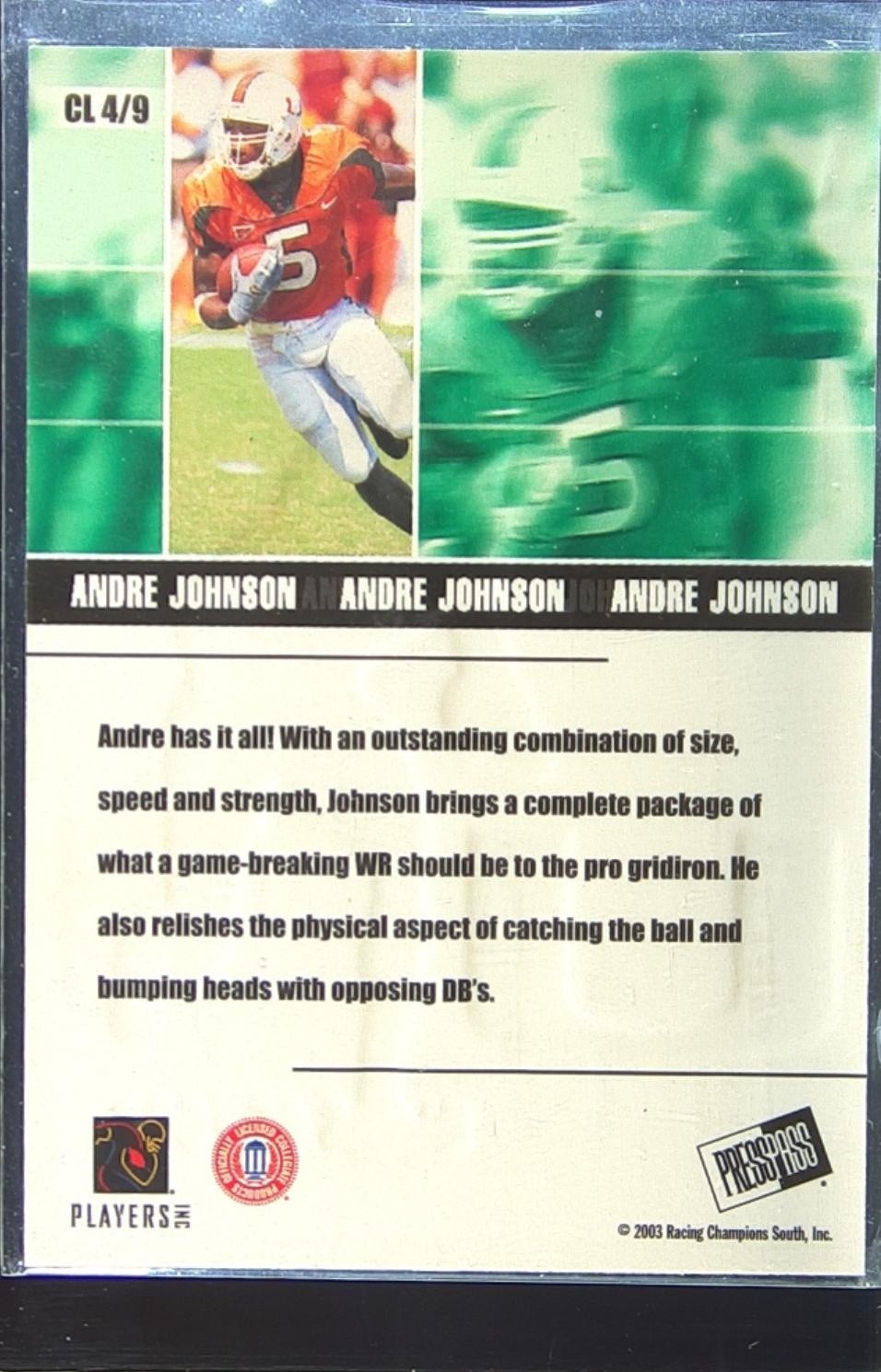 2003 Press Pass JE Andre Johnson RC #CL4 Hurricanes Class of 2003 - Image 3