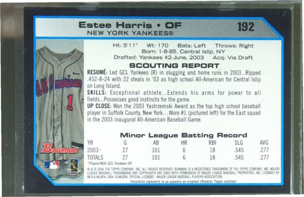 2004 Bowman Estee Harris JSY #192 Yankees Relics - Image 3