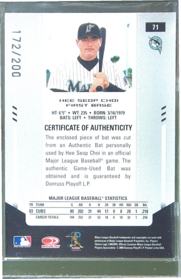 2004 Certified Materials Hee Seop Choi /200 JSY #71 Marlins Mirror Bat White - Image 3
