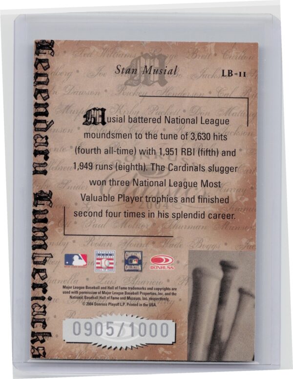 2004 Donruss Classics Stan Musial /1000 #LB-11 Cardinals Legendary Lumberjacks - Image 3