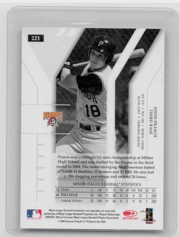 2004 Donruss Elite Extra Edition Eddie Prasch Auto RC /603 #221 Pirates - Image 3