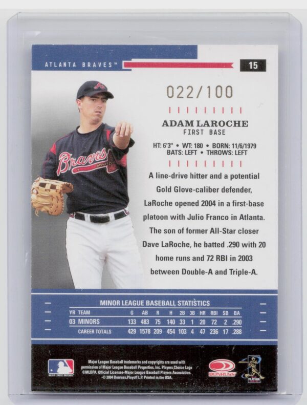 2004 Donruss Throwback Threads Adam LaRoche Gold Proof /100 #15 Braves - Image 3