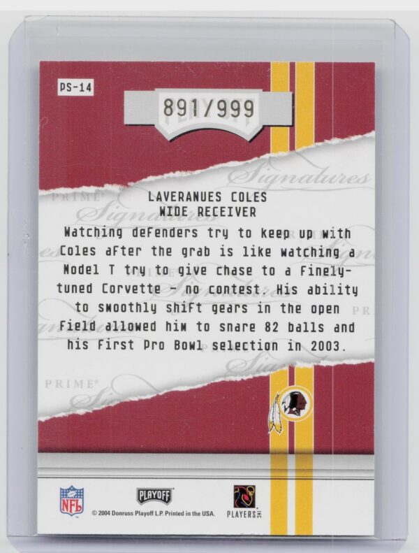 2004 Playoff Honors Laveranues Coles /999 #PS-14 Redskins Prime Signature Previ - Image 3