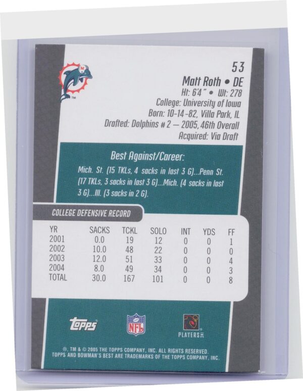 2005 Bowman's Best Matt Roth RC #53 Dolphins - Image 3