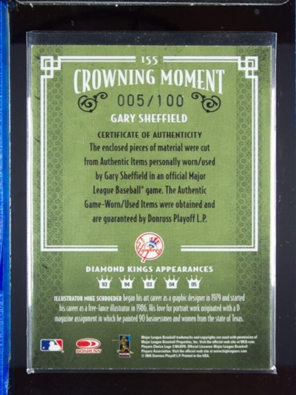 2005 Donruss Diamond Kings Gary Sheffield MEM SN100 #155 Yankees Materials Frame - Image 3