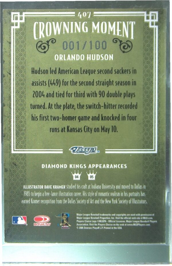 2005 Donruss Diamond Kings Orlando Hudson Framed Blue /100 #407 Jays - Image 3