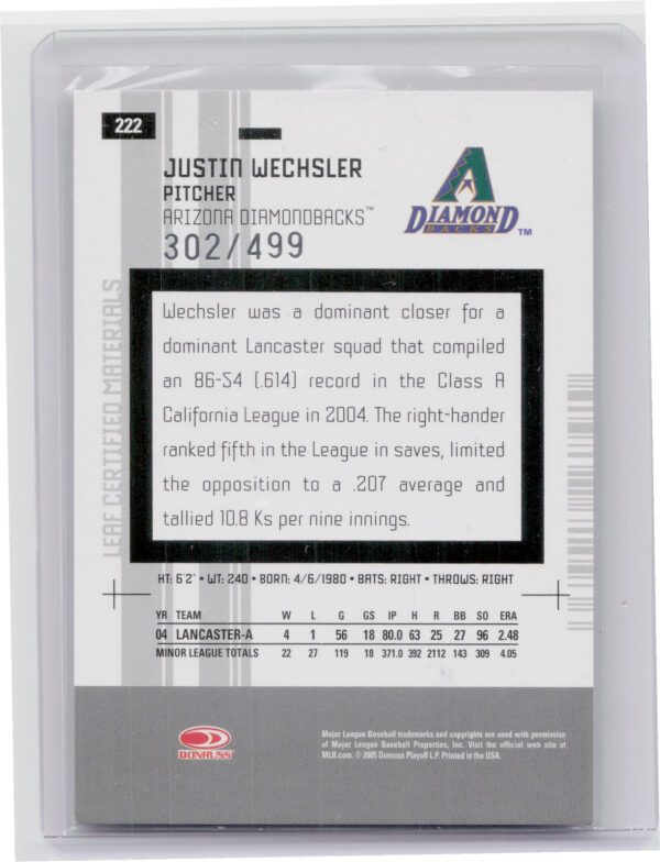 2005 Leaf Certified Materials Justin Wechsler #222 Diamondbacks - Image 3