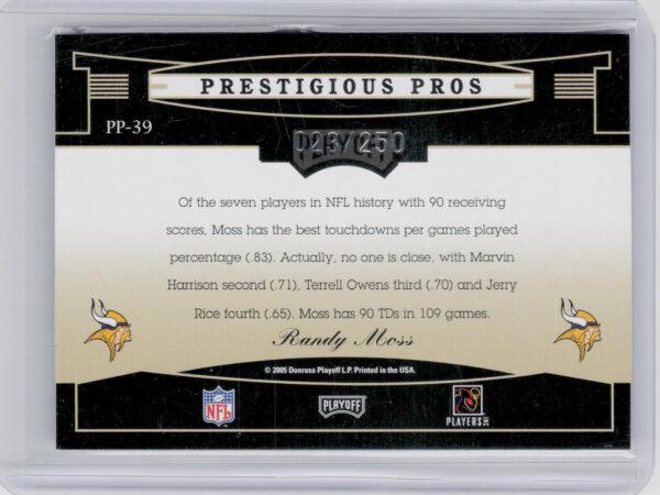 2005 Playoff Prestige Randy Moss SN250 #PP-39 Vikings Prestigious Pros Blue - Image 3