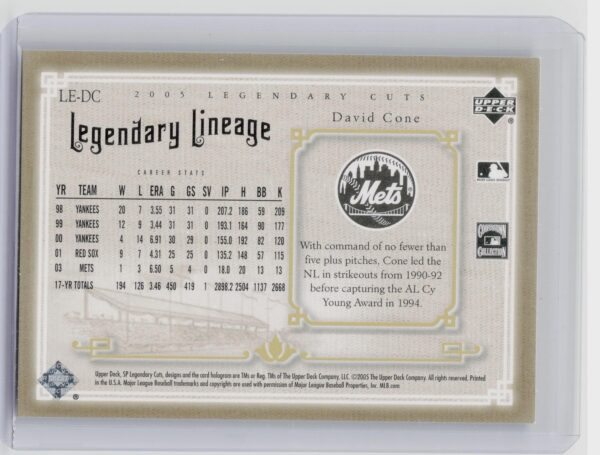 2005 SP Legendary Cuts David Cone /399 #LE-DC Mets Legendary Lineage - Image 3