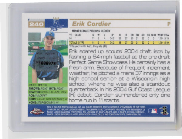 2005 Topps Chrome Erik Cordier AU RC #240 Royals - Image 3