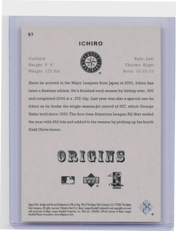 2005 UD Origins Ichiro Suzuki #97 Mariners - Image 3