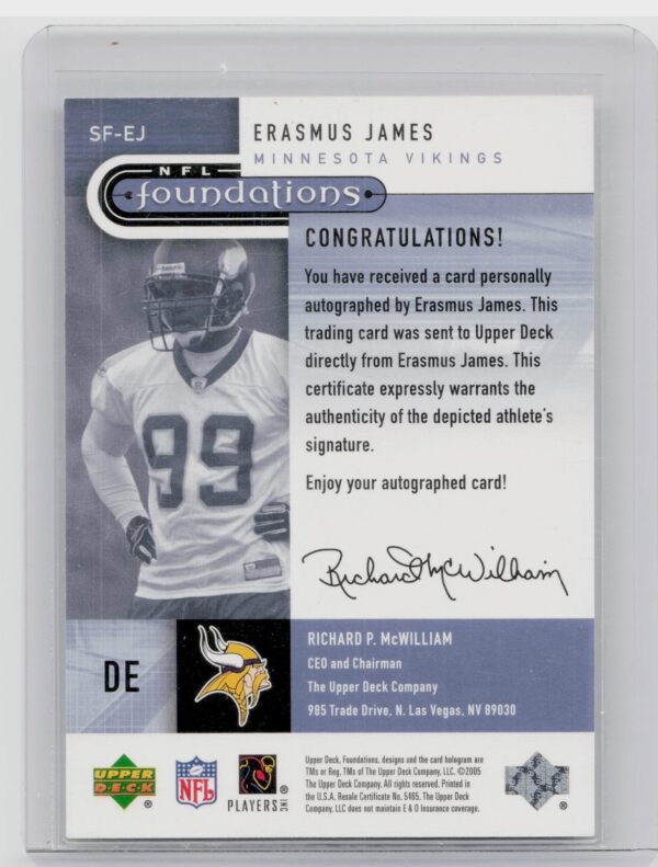 2005 Upper Deck Foundations Erasmus James AU #SF-EJ Vikings Signature Foundation - Image 3