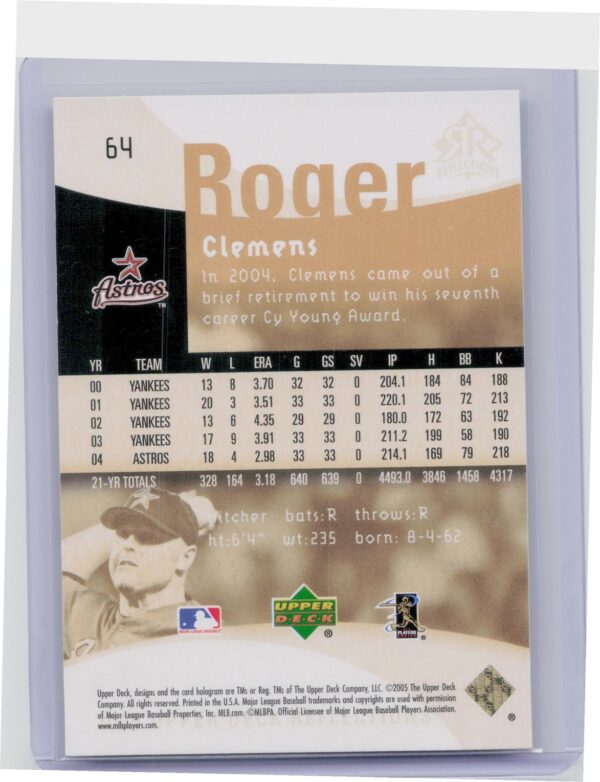 2005 Upper Deck Reflections Roger Clemens #64 Astros - Image 3
