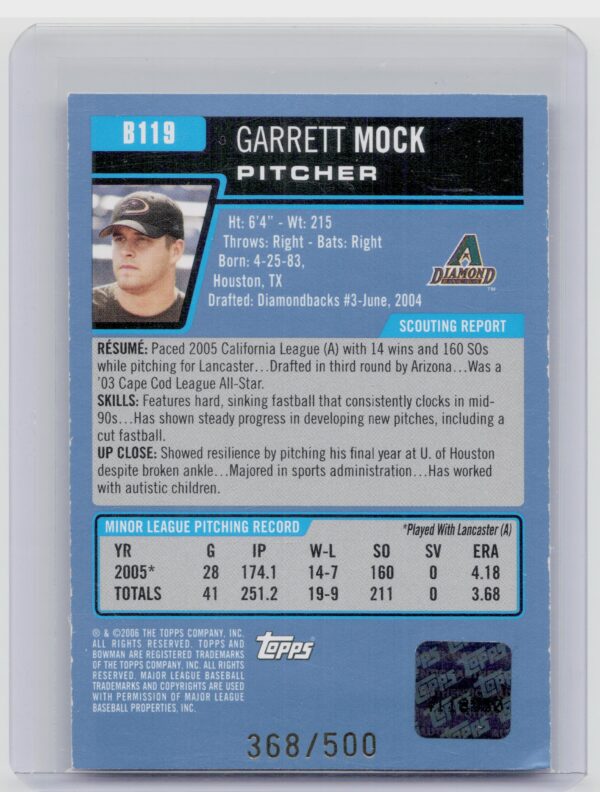 2006 Bowman Garrett Mock AU SN500 #B119 Diamondbacks Prospects Blue - Image 3