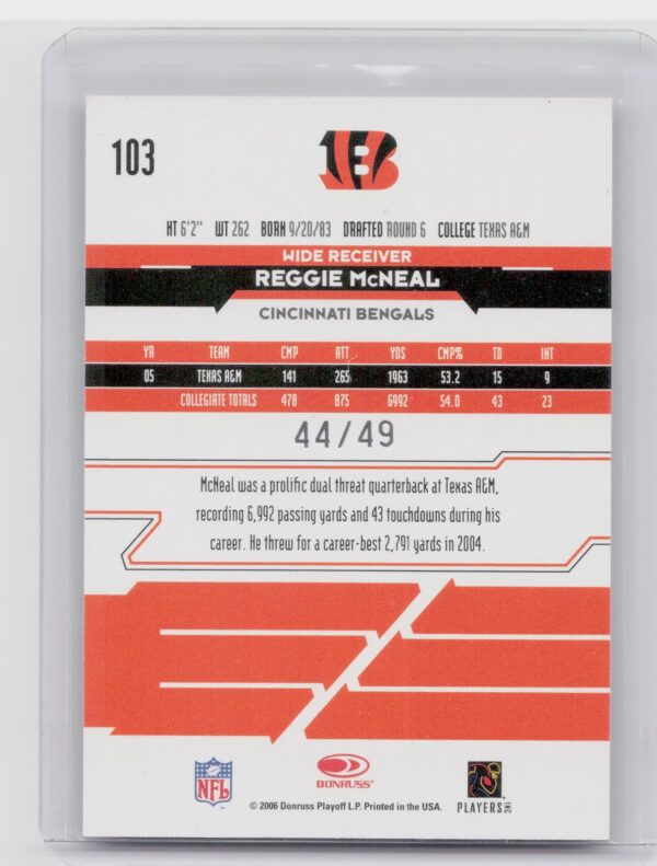 2006 Leaf Rookies & Stars Reggie McNeal Longevity Holofoil /49 #103 Bengals - Image 3