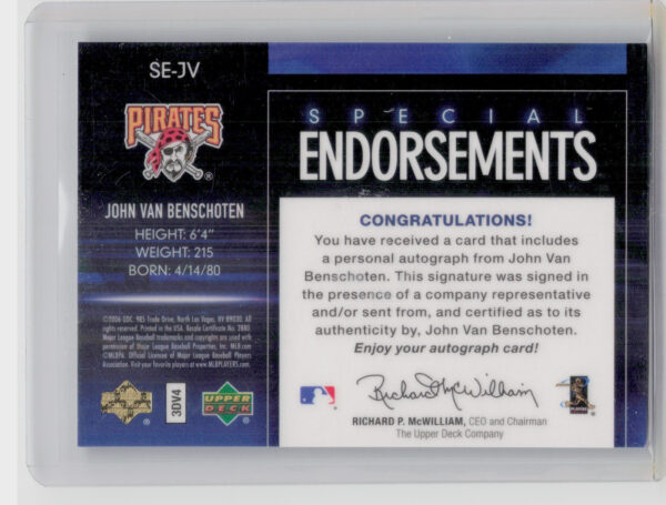 2006 Upper Deck Special F/X John Van Benschoten AU #SE-JV Pirates Special Endors - Image 3