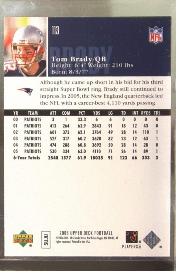 2006 Upper Deck Tom Brady #113 Patriots - Image 3