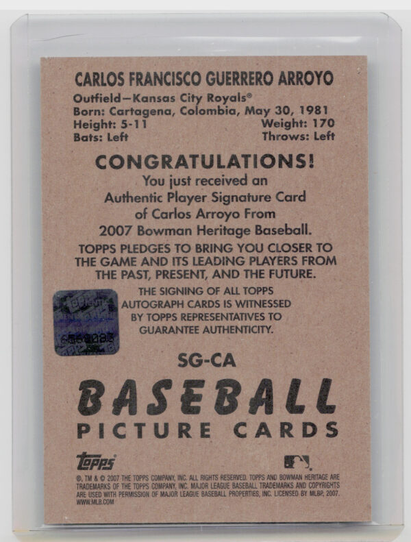 2007 Bowman Heritage Carlos Arroyo AU #SG-CA Royals Signs of Greatness - Image 3