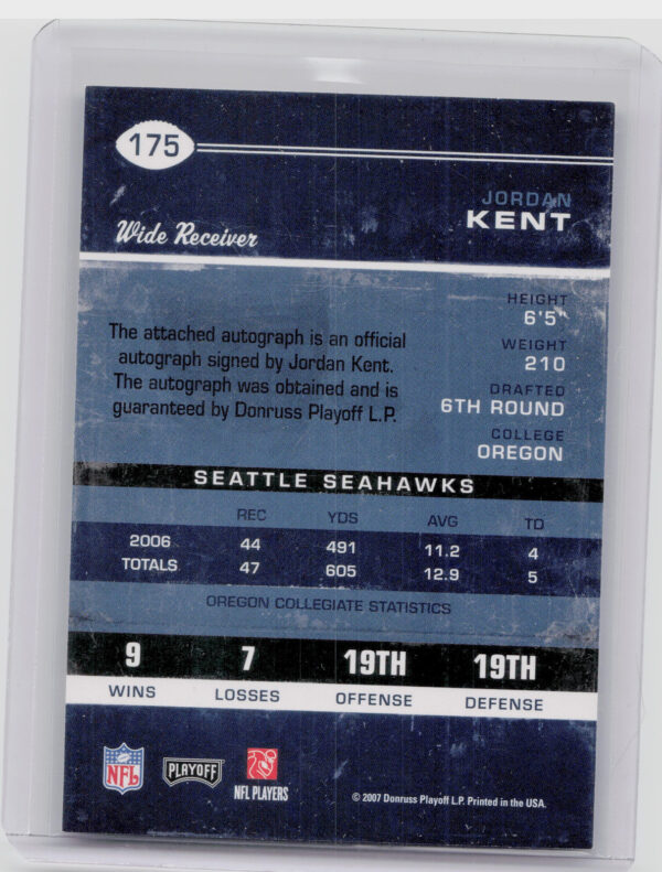 2007 Playoff Contenders Jordan Kent AU RC #175 Seahawks - Image 3