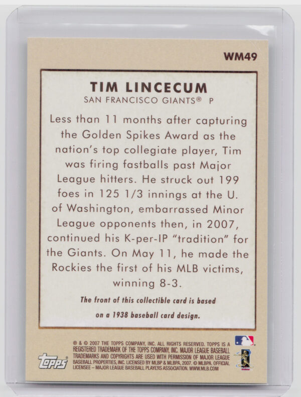 2007 Topps Tim Lincecum #WM49 Giants Walmart - Image 3