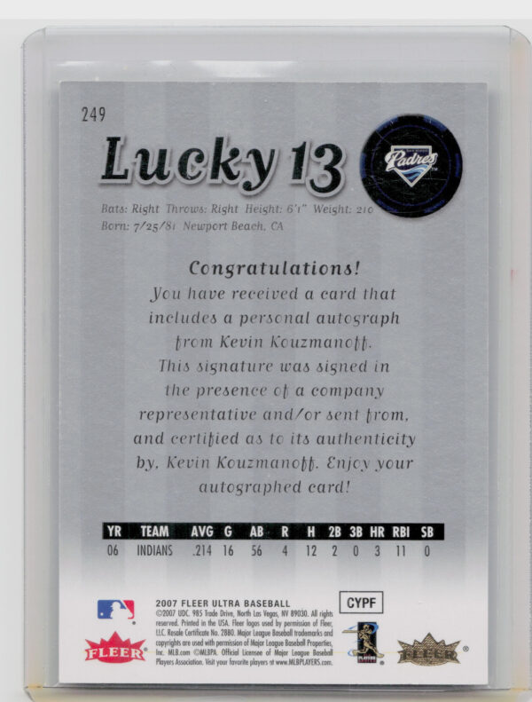 2007 Ultra Kevin Kouzmanoff AU SN499 #249 Padres Rookie Autographs - Image 3
