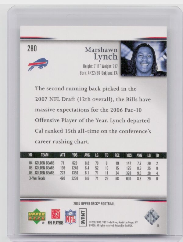 2007 Upper Deck Marshawn Lynch Rookie Exclusives Star Rookies #280 Bills - Image 3
