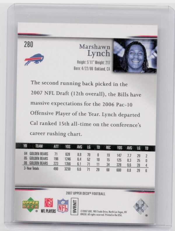 2007 Upper Deck Marshawn Lynch Rookie Exclusives Star Rookies #280 Bills - Image 3