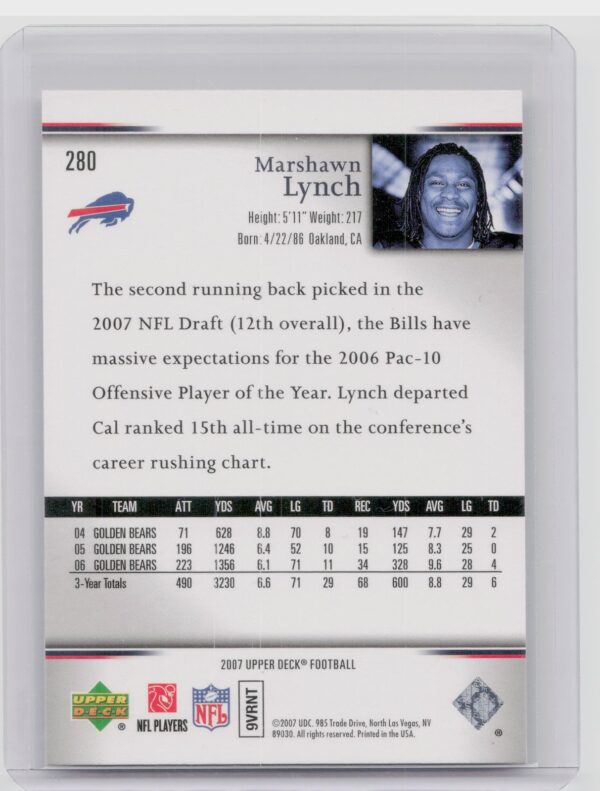 2007 Upper Deck Marshawn Lynch Rookie Exclusives Star Rookies #280 Bills - Image 3