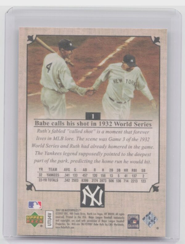 2007 Upper Deck Masterpieces Babe Ruth #1 Yankees - Image 3