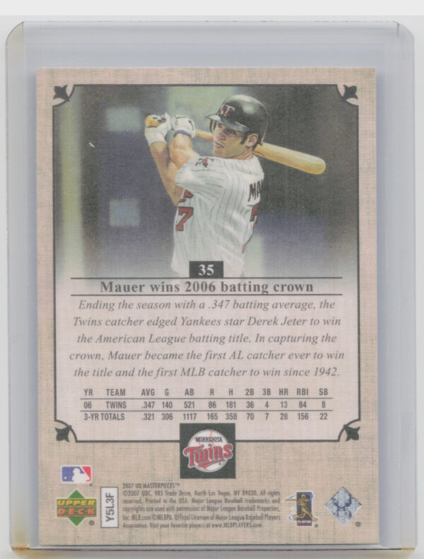 2007 Upper Deck Masterpieces Joe Mauer #35 Twins - Image 3