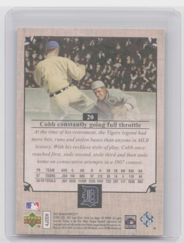 2007 Upper Deck Masterpieces Ty Cobb #20 Tigers - Image 3